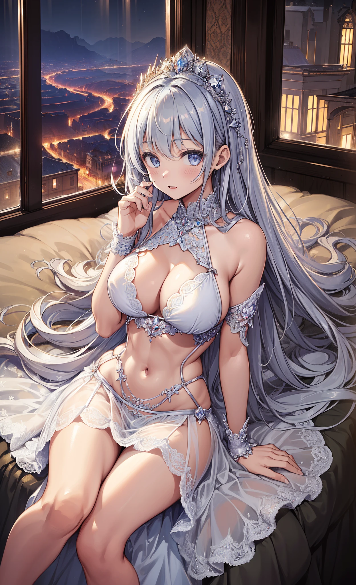 top-quality、Top image quality、tmasterpiece、girl ((、medium chest circumference、obsessed、tempting pose、having fun、Breasts wide open,sliver long hair、micro-curly hair、charming body、Grand canyon、White transparent princess dress、Silver bikini、reflector、big bast)）high high quality、beautiful art、Background with((luxury hotel、Night view windows)))On a table、visual art、depth of fields、Diamonds adorn clothes、Full body lesbian、Emphasize the posture of the hips、Lace、Transparent skirt、Lie down in bed、Hide breasts