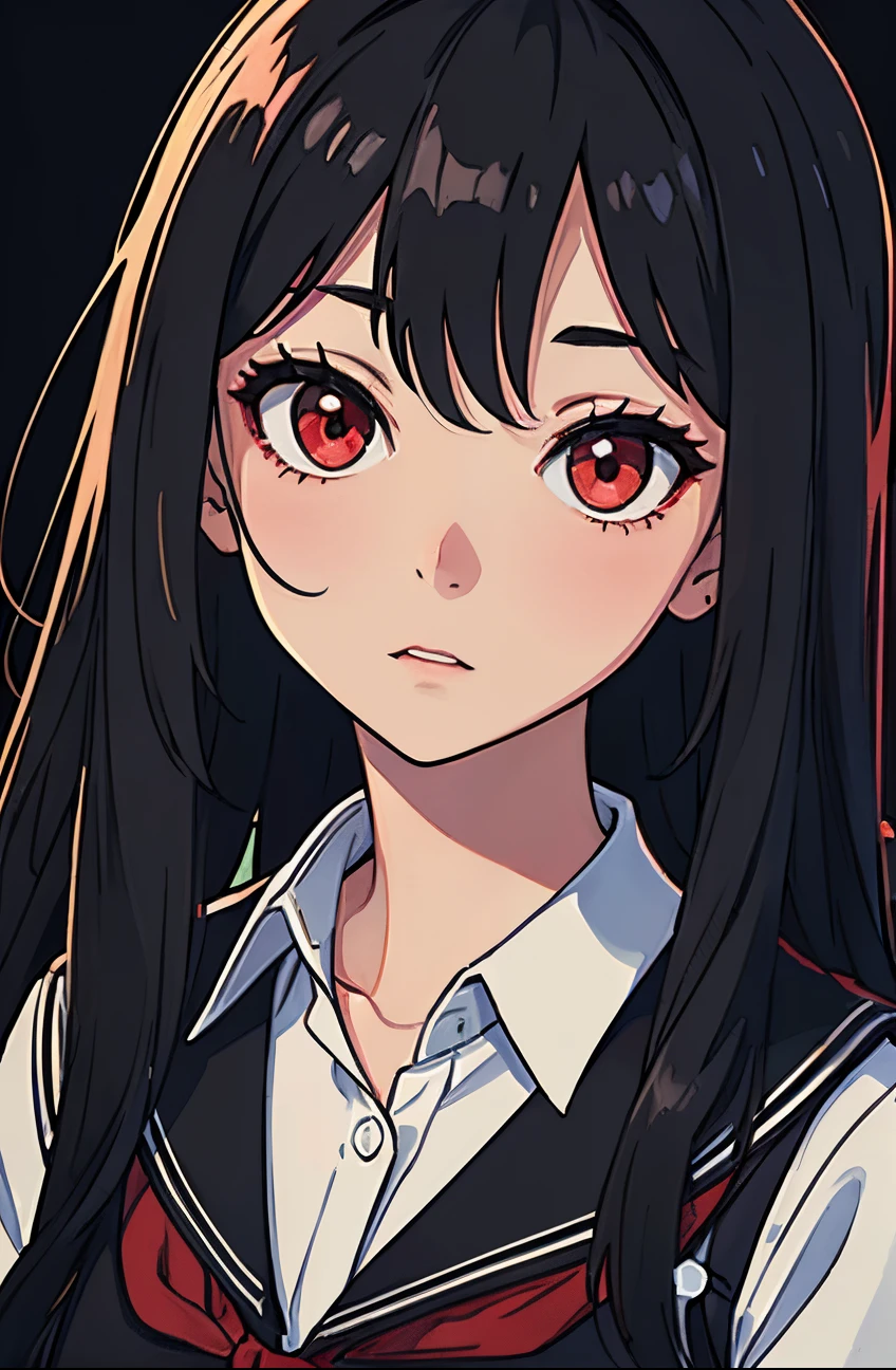 Perfect proportion, masterpiece, high quality, high details, (black hair), red eyes,(1woman),,black  school uniform. all black background. Close up to face. Face datails. Yandere