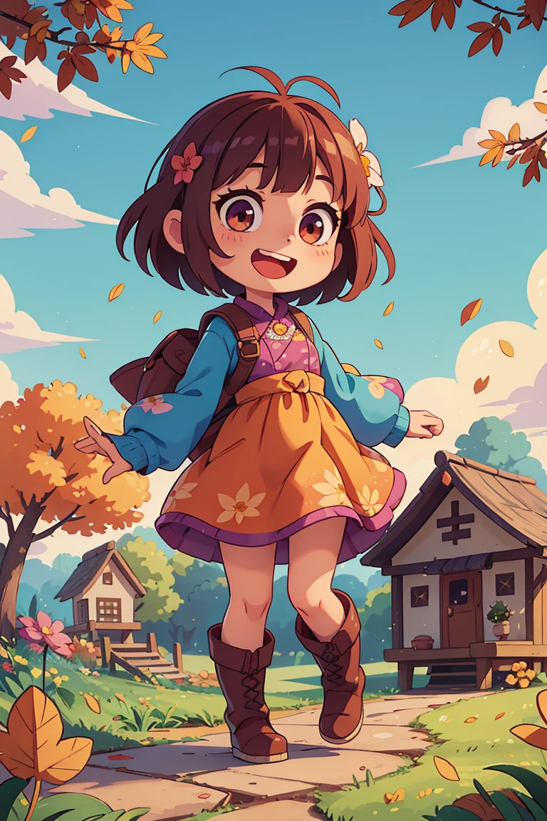 Stand in front of the photo、1girl in,Full body,a short bob,long boots,Open mouth and big smile、kawaii pose、Flowing iridescent silk、up of face、Eye Up、Colorcon with heart pattern、Floral dress、There are flowers even in front of you、flower petals、Fallen leaves and dragonflies、season!!:autumnal☀ 🍂