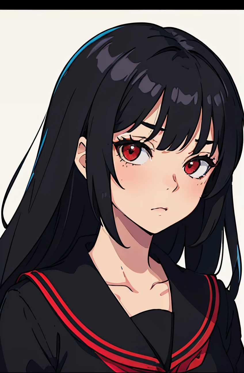 Perfect proportion, masterpiece, high quality, high details, (black hair), red eyes,(1woman),,black  school uniform. all black background. Close up to face. Face datails. Tsundere