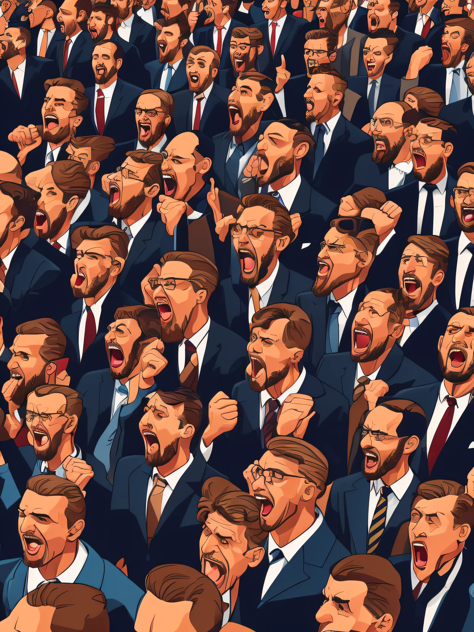 Generate an illustration of four men standing in a row, all passionately shouting in unison. Capture the intensity of their collective expression, ensuring each man exhibits a unique pose and facial expression to convey individuality within the shared moment of outcry.