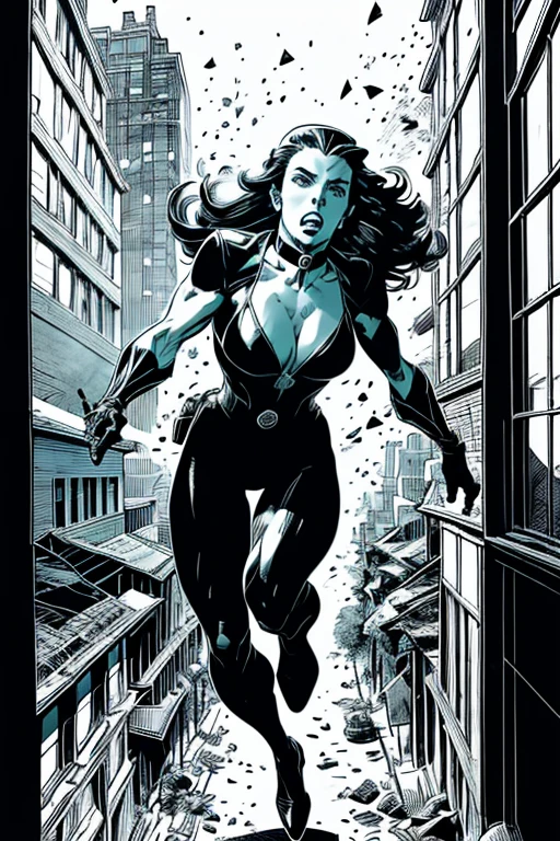 Art inspired by John Buscema’s stroke. A formidable red-haired spy with long hair, wearing a sensual dark leather collar, is seen jumping out of a building window. Broken glass is scattered in the air, creating an intense action scene. The fearless heroine is engaged in unlimited action, portrayed in a detailed and perfect manner.