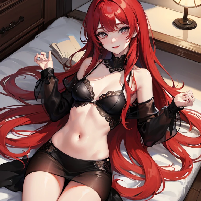 Red long hair, Tolerable, Masterpiece, Best Quality, high resolucion;,detail enhancement,best qualtiy,perfect image quality,Beautiful and sexy, One-person viewpoint, Small moles under the eyes , prety, large full breasts, perfect hand, perfect body figure, 8K, , Liquid flow, Fluids, Big breasts, pure white skin, Heavy makeup, pectorals, , indoor room, laying in bed, Looking up, A Smile, Black see-through dress, splendid