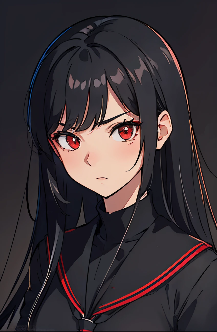 Perfect proportion, masterpiece, high quality, high details, (black hair), red eyes,(1woman),,black  school uniform. all black background. Close up to face. Face datails. Tsundere