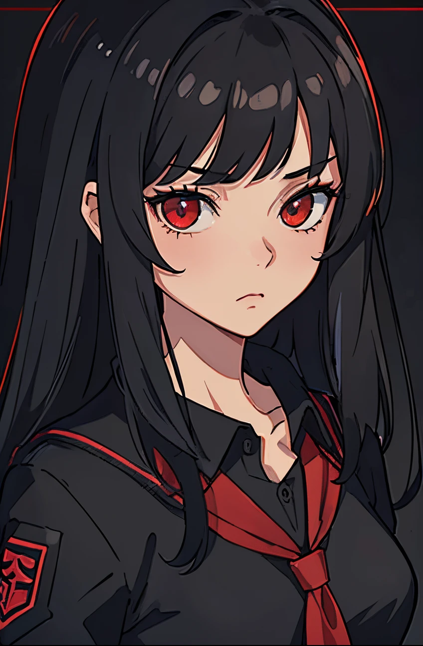 Perfect proportion, masterpiece, high quality, high details, (black hair), red eyes,(1woman),,black  school uniform. all black background. Close up to face. Face datails. Tsundere