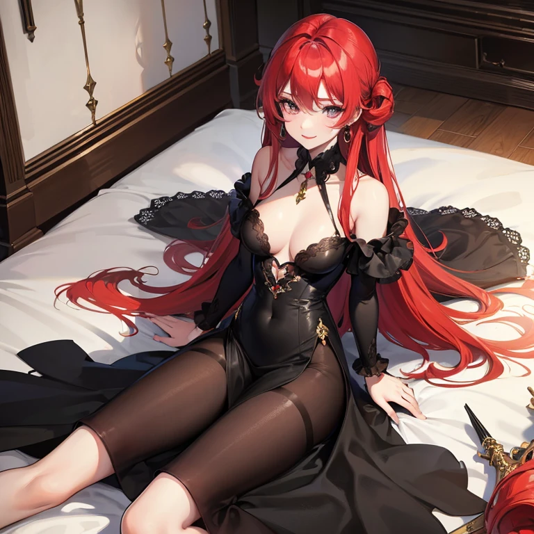 Red long hair, Tolerable, Masterpiece, Best Quality, high resolucion;,detail enhancement,best qualtiy,perfect image quality,Beautiful and sexy, One-person viewpoint, Small moles under the eyes , prety, large full breasts, perfect hand, perfect body figure, 8K, , Liquid flow, Fluids, Big breasts, pure white skin, Heavy makeup, pectorals, , indoor room, laying in bed, Looking up, A Smile, Black see-through dress, splendid