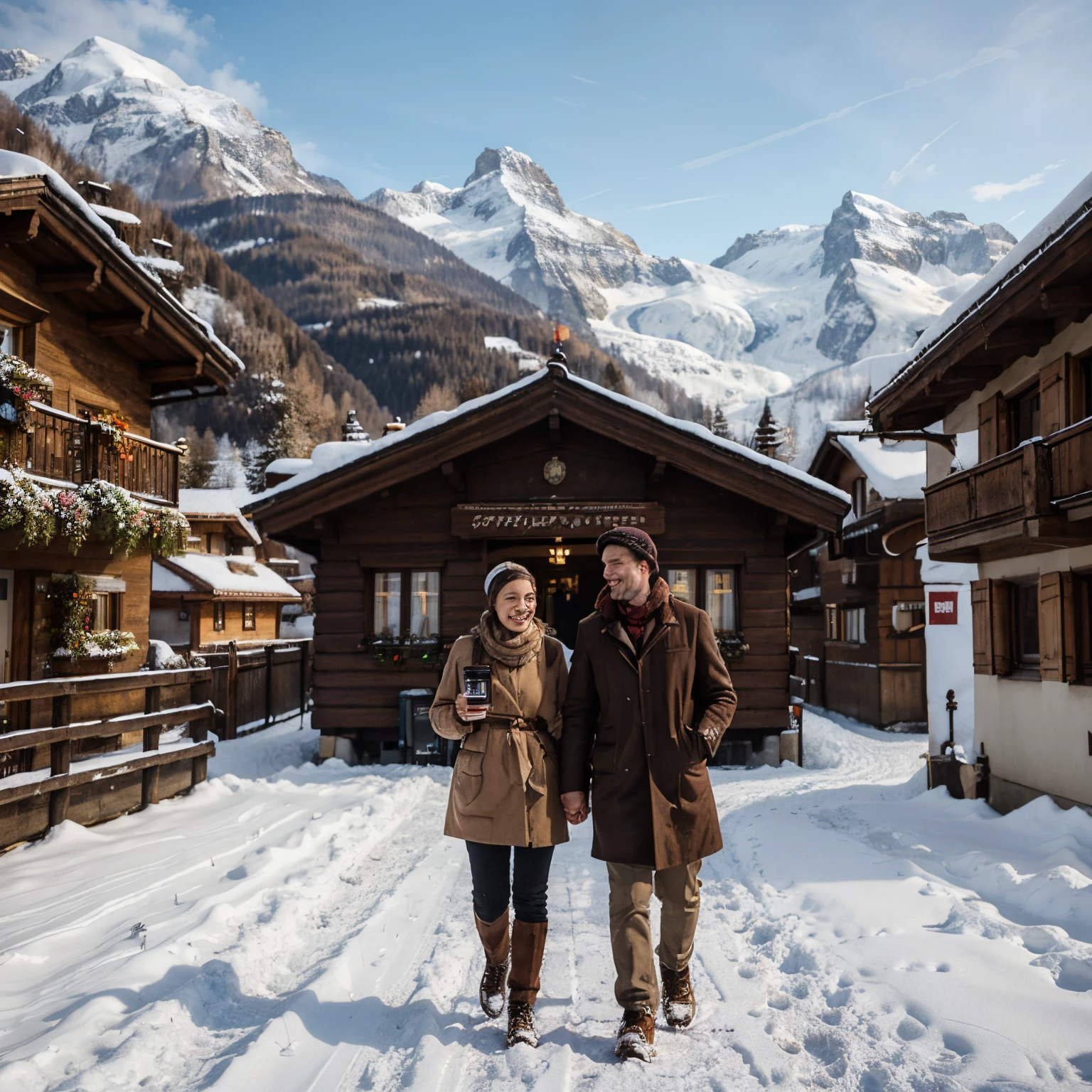they are standing in front of a wooden building with a snow covered mountain in the background, in the swiss alps, switzerland, by Tobias Stimmer, winter season, tourists in background, spring season, travelers walking the streets, best on adobe stock, smiling couple, by Werner Andermatt, by Matthias Weischer, swiss architecture, having a good time,Switzerland vibe, coffee shop, traditional clothes, coffee, chocolate, ouside, picture, carrying, joy, humor, Swiss village.