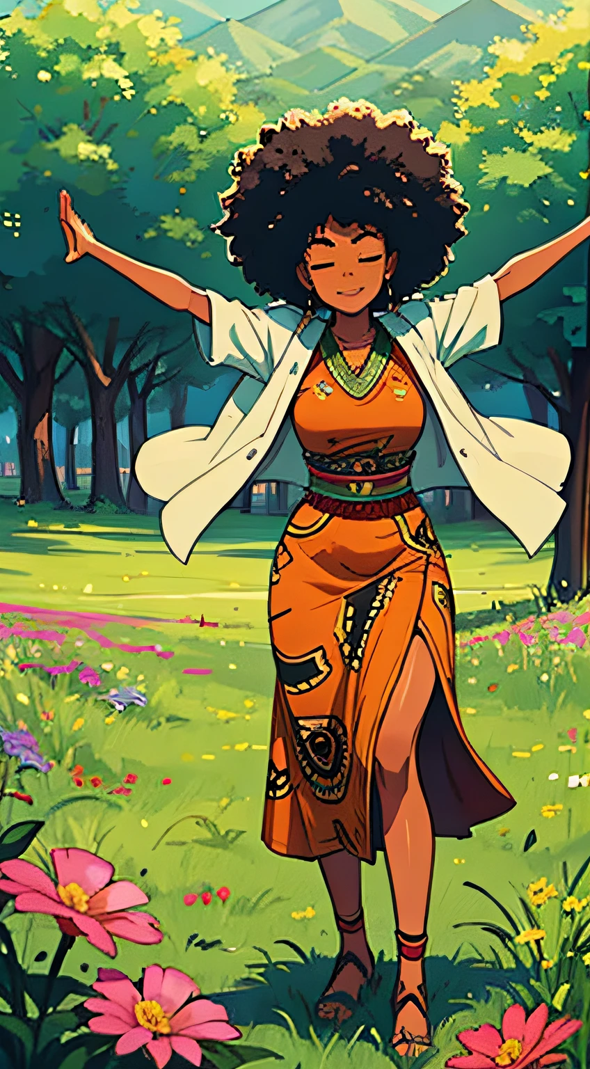 Black Girl ,African girl,afro hair,eyes closed,meditation,African traditional zulu dress,standing with outstretched arms,relaxed,bliss freedom,outdoor landcsacape,beautiful grass field and flowers,aesthetic,otdoor