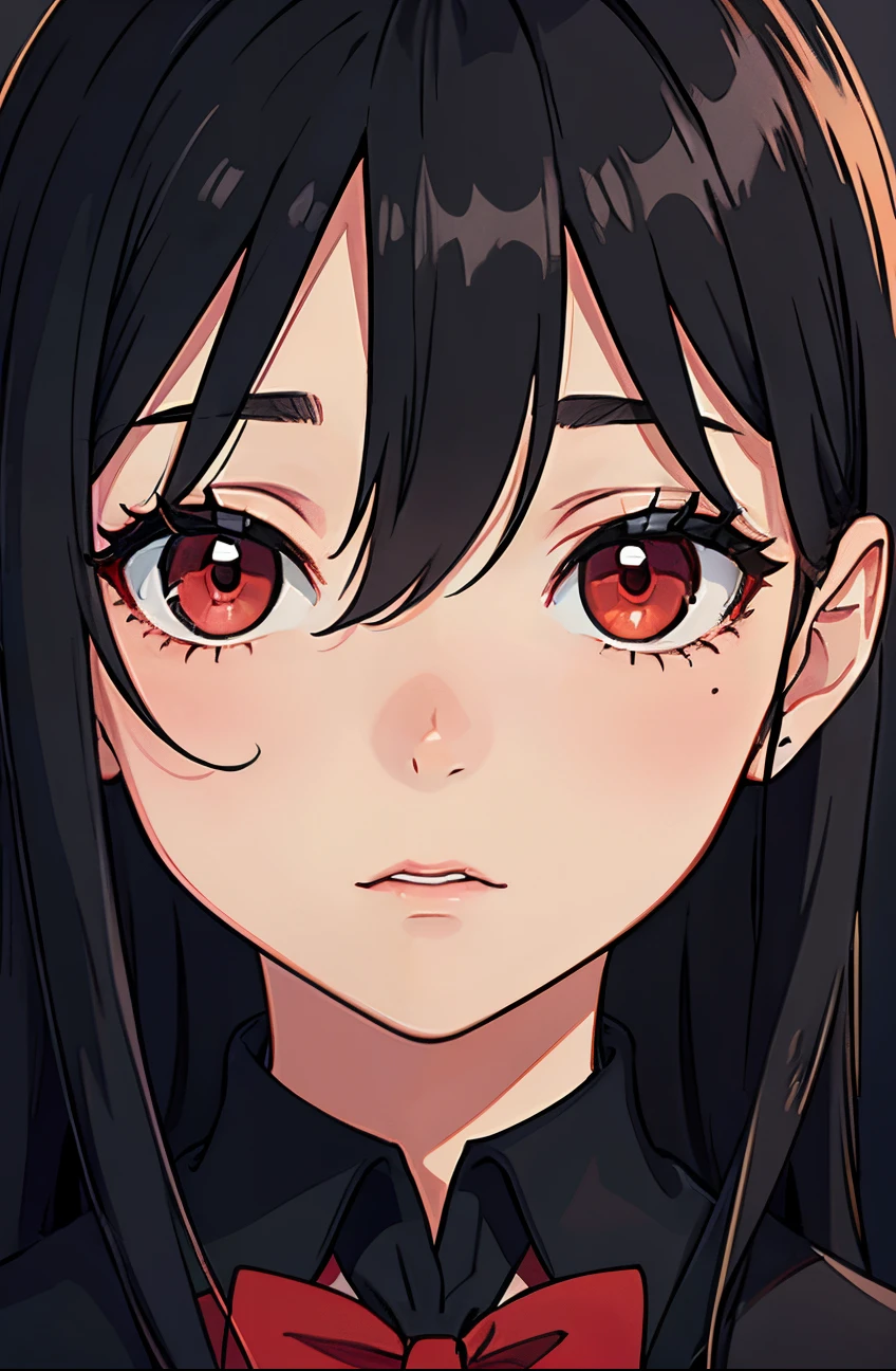 Perfect proportion, masterpiece, high quality, high details, (black hair), red eyes,(1woman),,black  school uniform. all black background. Close up to face. Face datails. Yandere