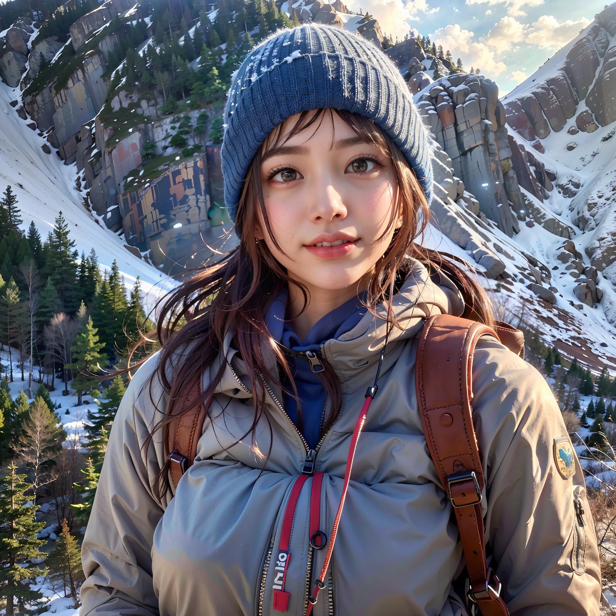 (Background, Magnificent mountain views, blue open sky, white clouds, snow, winter):1.3,  (medium hair, dark brown hair), (top-quality, Photorealistic:1.4, masterpiece:1.3, RAW Photography:1.2, cinematic light, very detailed illustration), (1woman:1.3, solo), (down-jacket, T-shirt, trekking-pants, knit hat, Leather gloves), (Carrying a backpack), (Walking along a mountain trail), (ultra delicate face, ultra Beautiful fece, ultra delicate eyes, ultra detailed nose, ultra detailed mouth, ultra detailed facial features), petite woman, (medium breast:1.3), from the front side, glossy lips, happy smile, white breath, selfee:1.3