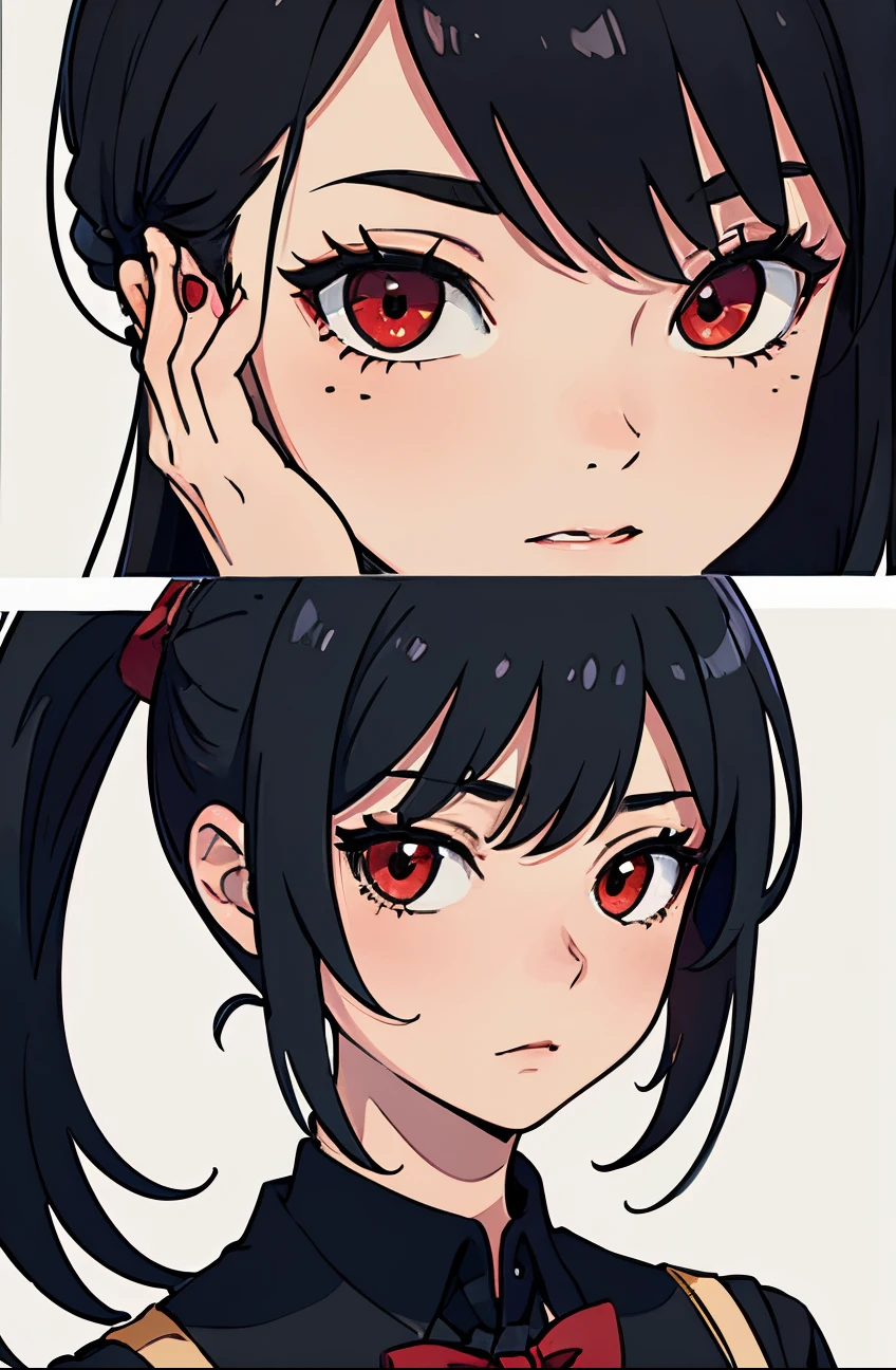 Perfect proportion, masterpiece, high quality, high details, (black hair), red eyes,(1woman),,black school uniform. all black background. Close up to face. Face datails. Yandere