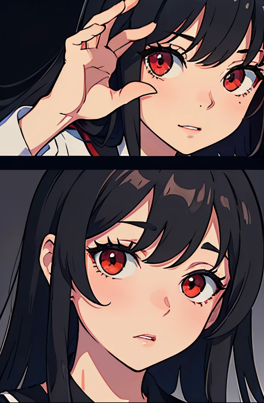 1 female, naked, alluring female, seductive female, lewd face expression, long black hair, red eyes, big breasts, kissing 1 man, naked