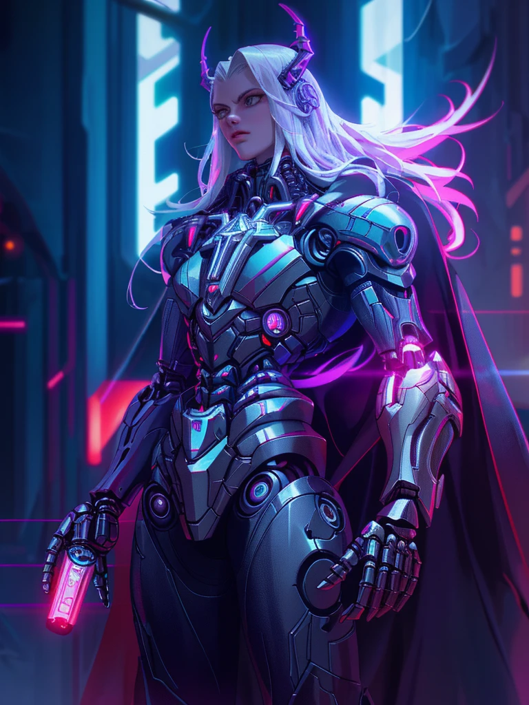 Portrait, Thor Horseman of the Apocalypse from Marvel, biomechanical, complex robot, full growth, hyperrealistic, insane small details, extremely clean lines, cyberpunk aesthetic, masterpiece presented at Zbrush Central, gothic brutalist cathedral, cyberpunk, award-winning photo, bokeh, neon lights, cybernetic limb