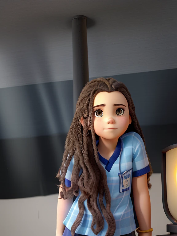 A wise girl standing in front, illuminated by the light of a lamp, contra o pano de fundo de uma biblioteca