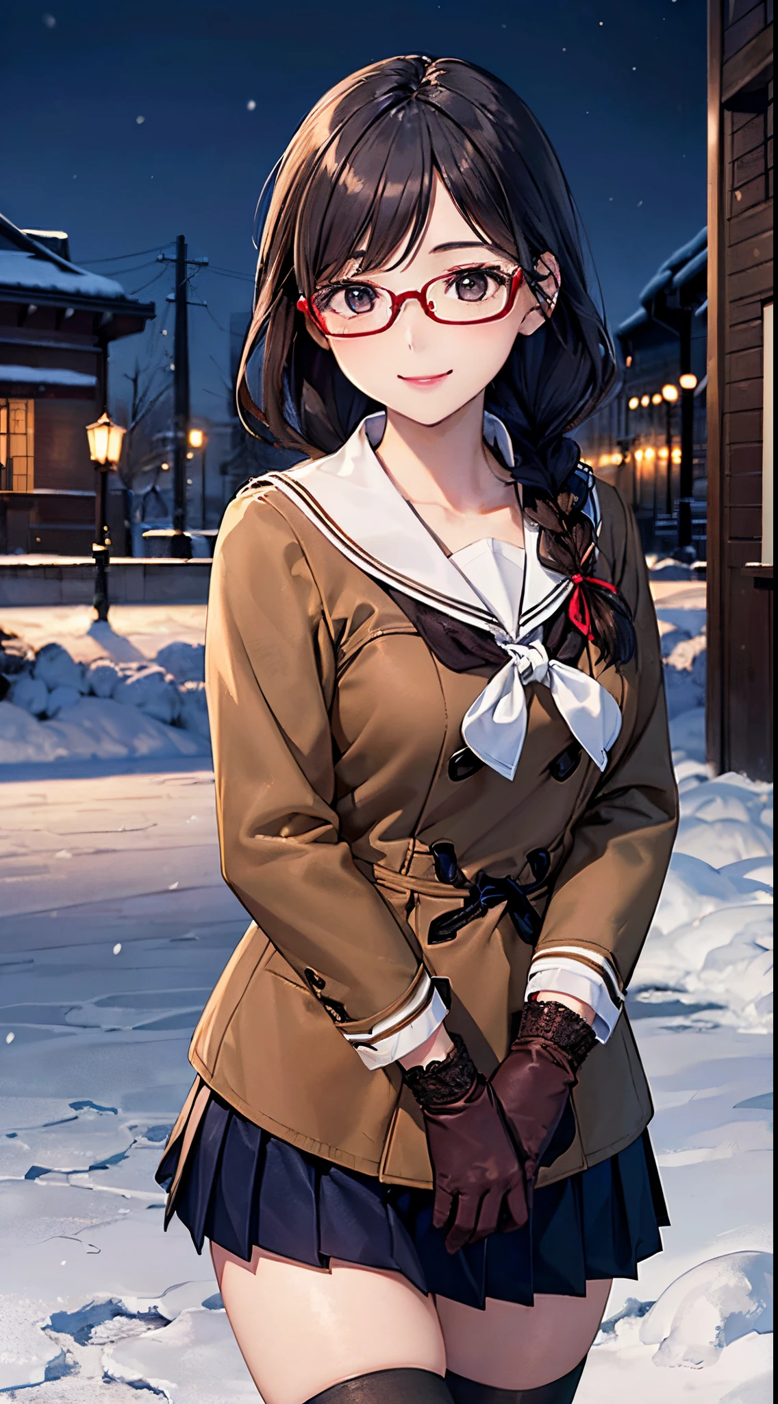 ((((, , perfect anatomy, super detailed skin)))), 1 girl, japanese, , shiny skin, large breasts:0.5, watching the view, (smile:1.5),
beautiful hair, beautiful face, beautiful detailed eyes, (middle hair:1.5, twin braid:1.7),
beautiful clavicle, beautiful body, beautiful chest, beautiful thigh, beautiful legs, babyface, , , mole under eye,
((winter clothes, navy school uniform, long sleeves, navy pleated skirt, sailor collar, , black thigh-highs, red glasses,
((brown medium coat, muffler, knitted gloves)), extremely sexy, seductive thighs)), white panties,
(beautiful scenery), winter, evening, hokkaido, sapporo, outdoors, snow, snowfall:1.5, freezing weather, frost, walking, holding a phone,
(8k, top-quality, masterpiece:1.2, extremely detailed, , ), (photorealistic), beautiful illustration, cinematic lighting,
