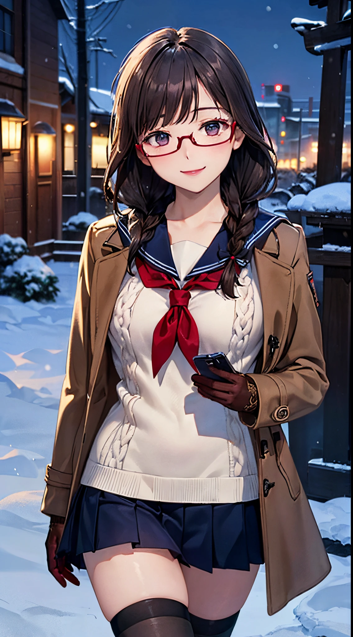 ((((, , perfect anatomy, super detailed skin)))), 1 girl, japanese, 14 years old, shiny skin, large breasts:0.5, watching the view, (smile:1.5), 
beautiful hair, beautiful face, beautiful detailed eyes, (middle hair:1.5, twin braid:1.7), 
beautiful clavicle, beautiful body, beautiful chest, beautiful thigh, beautiful legs, babyface, , , mole under eye, 
((winter clothes, navy school uniform, long sleeves, navy pleated skirt, sailor collar, , black thigh-highs, red glasses,
((brown medium coat, muffler, knitted gloves)), extremely sexy, seductive thighs)), white panties, 
(beautiful scenery), winter, evening, hokkaido, sapporo, outdoors, snow, snowfall:1.5, freezing weather, frost, walking, holding a phone, 
(8k, top-quality, masterpiece​:1.2, extremely detailed, , ), (photorealistic), beautiful illustration, cinematic lighting,