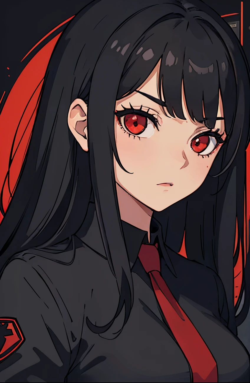 Perfect proportion, masterpiece, high quality, high details, (black hair), red eyes,(1woman),,black  school uniform. all black background. Close up to face. Face datailed. Various expression