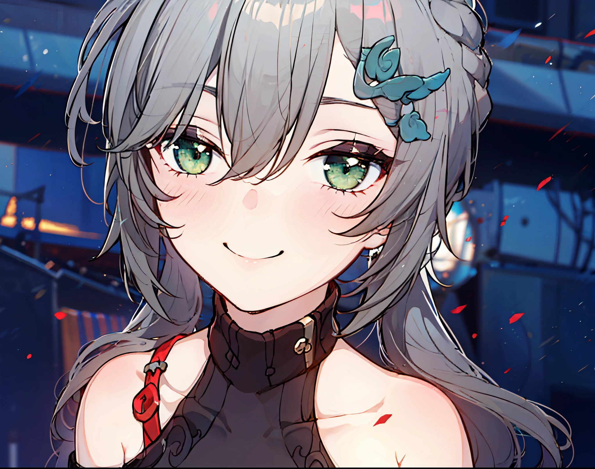 (masterpiece:1.2), (pale skin:1.2), (solo:1.2), (female:1.1), (emphasis lines:1.3), twintails, gray hair, green eyes, smile, closed mouth, blush, bare shoulders, looking up