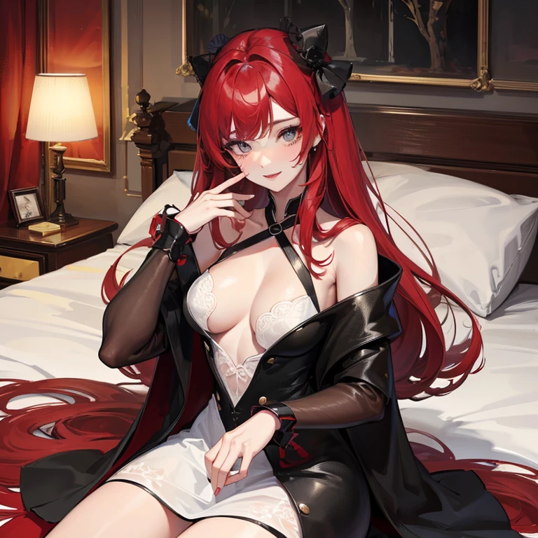 Red long hair, Tolerable, Masterpiece, Best Quality, high resolucion;,detail enhancement,best qualtiy,perfect image quality,Beautiful and sexy, One-person viewpoint, Small moles under the eyes , prety, large full breasts, perfect hand, perfect body figure, 8K, , Liquid flow, Fluids, Big breasts, pure white skin, Heavy makeup, pectorals, , indoor room, laying in bed, Looking up, A Smile, Black see-through dress, splendid