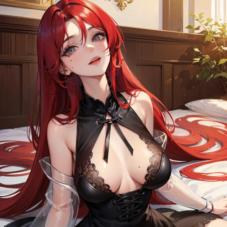 Red long hair, Tolerable, Masterpiece, Best Quality, high resolucion;,detail enhancement，best qualtiy，perfect image quality，Beautiful and sexy, One-person viewpoint, Small moles under the eyes , prety, large full breasts, perfect hand, perfect body figure, 8K, , Liquid flow, Fluids, Big breasts, pure white skin, Heavy makeup, pectorals, , indoor room, laying in bed, Looking up, A Smile, Black see-through dress, splendid