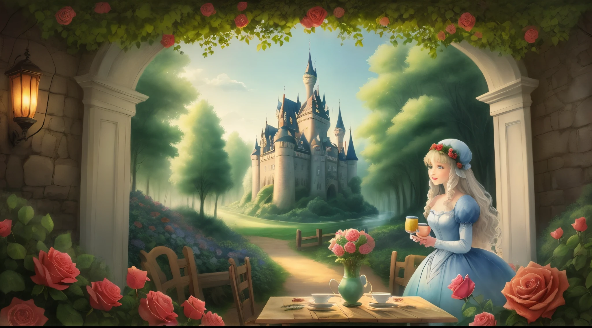 Enchanted fairytale woods with roses and castle tea party water color