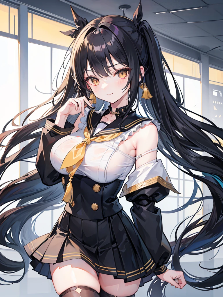 Black shawl hair,side pony tail,Golden eyes,Long hair curtain,Head rope,dishiveredhair,White off-shoulder sailor school uniform,Big Breasts Girl,The figure is good,black lence stockings,A smile on his face,short skirt,Ice sleeves,