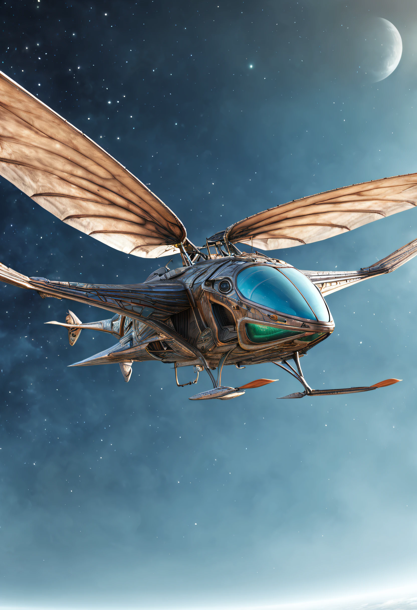 A realistic ornithopter, biomeca alien. Lot of textured and colored. a beautifull world it visible and galaxy too