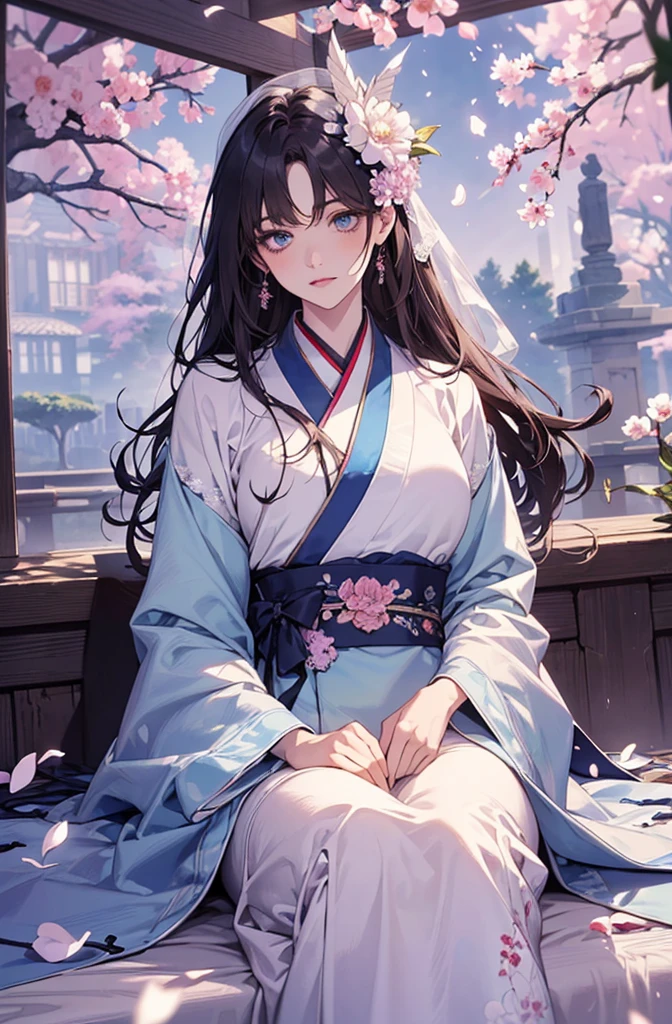 (Best quality at best,A high resolution,The image is clear:1.2),詳細な目,beuaty girl,blue colored eyes,lusciouslips,Ultra detailed backgrounds,Beutiful women,Korean traditional hanbok,Delicate petals,Garden scene,under moonlight,Romantic atmosphere,Dutch Angle Shot,gentlesoftlighting,shelmet