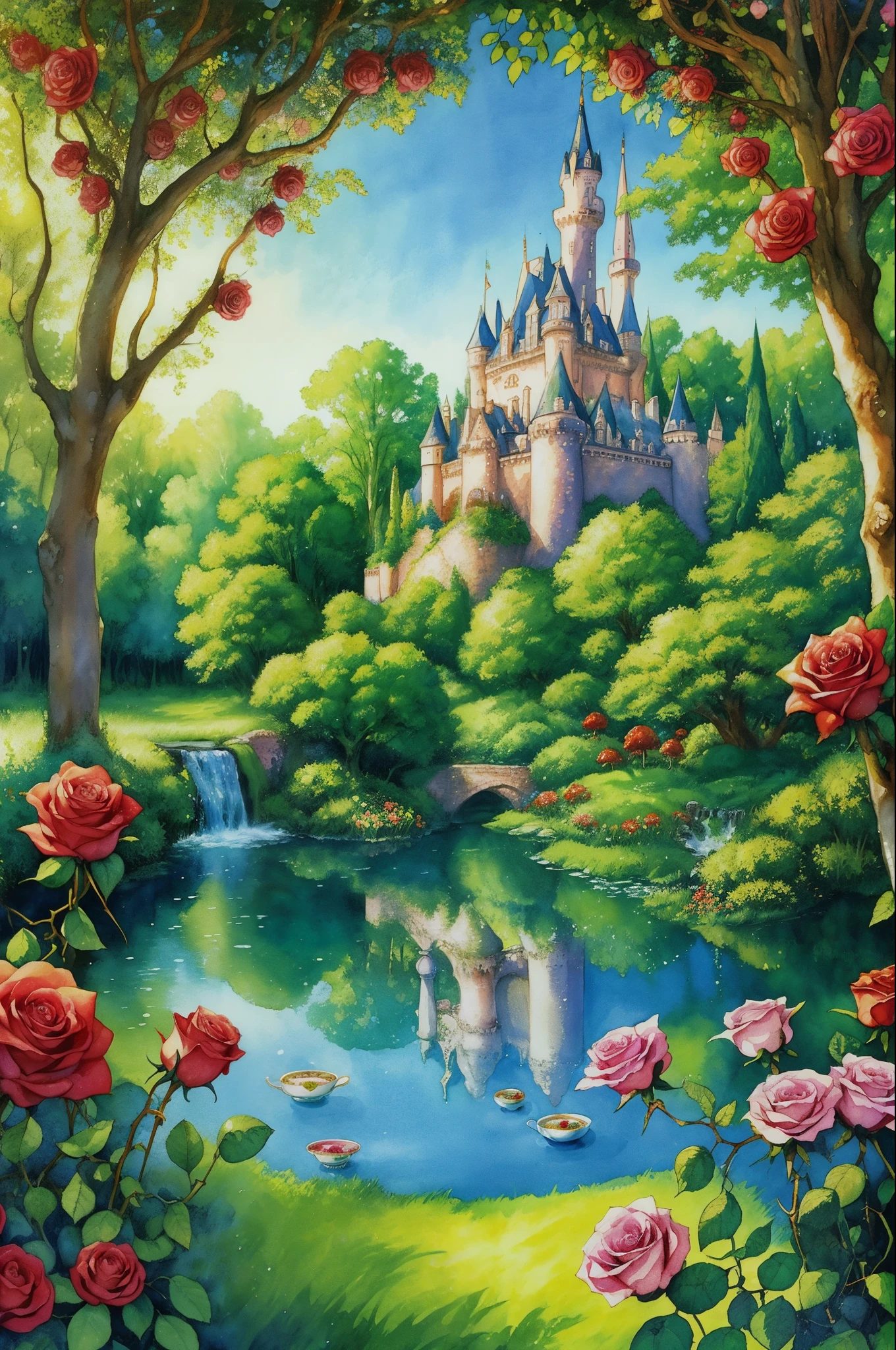 Enchanted fairytale woods with roses and castle tea cups water color