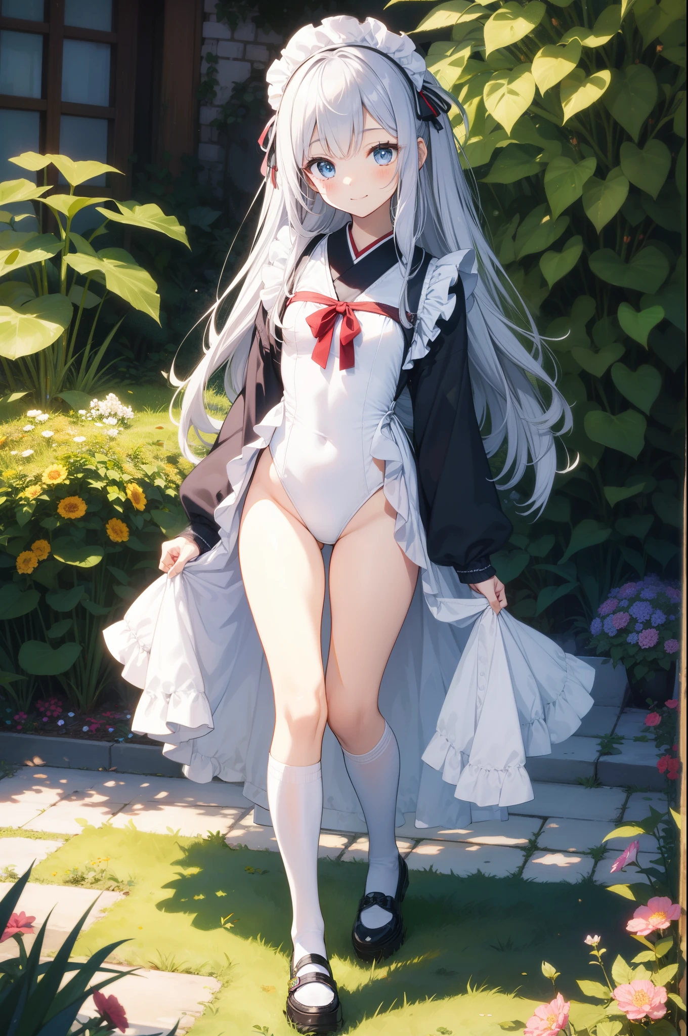 Beautiful illustration、top-quality、cute petit girl、(transform sequence)、Beautiful red Japanese-style maid uniform、((White leotard))、10yaers old、elementary student、Slender beautiful girl、Fractal Art、baby-face、silver straight long hair、beautiful detailed blue eyes、kindly smile、Full body display、Western-style garden、(1人)、long-sleeve、A bright and beautiful sunny garden、(knee high socks)、is standing、(highleg)、You can see the chest