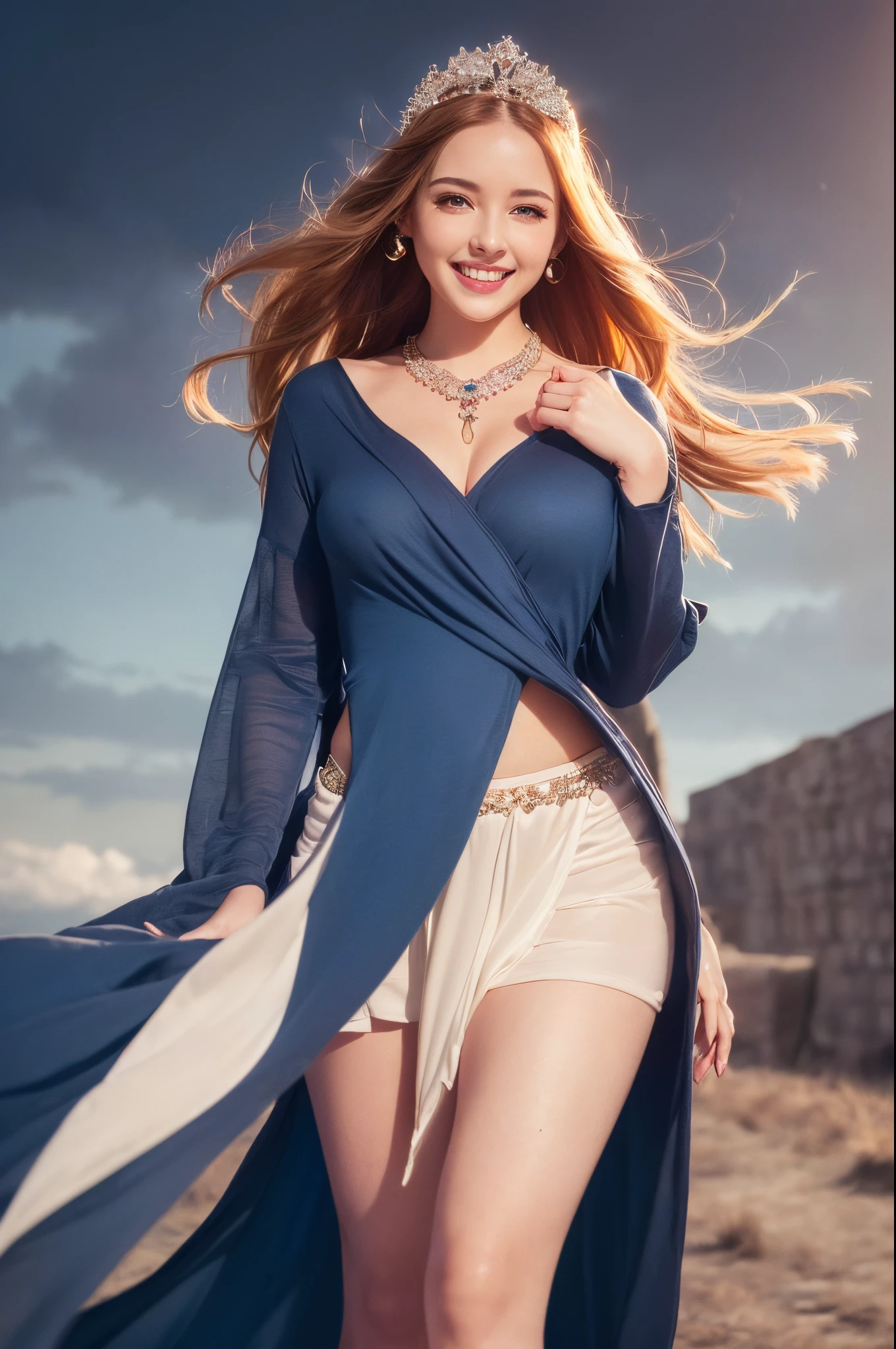 Young goddess, (Her clothes are all flipping up by extremely strong wind:1.4), (wearing robe, tiara, necklace, (blonde | auburn) hair, blue eyes), (background random great nature), (laughing, big smiling), ((dramatic lighting:1.3), surrealism, god rays), ((masterpiece, 8K highest resolution)), wide view, (seen from back:0.6), (reveal pelvis:0.3)