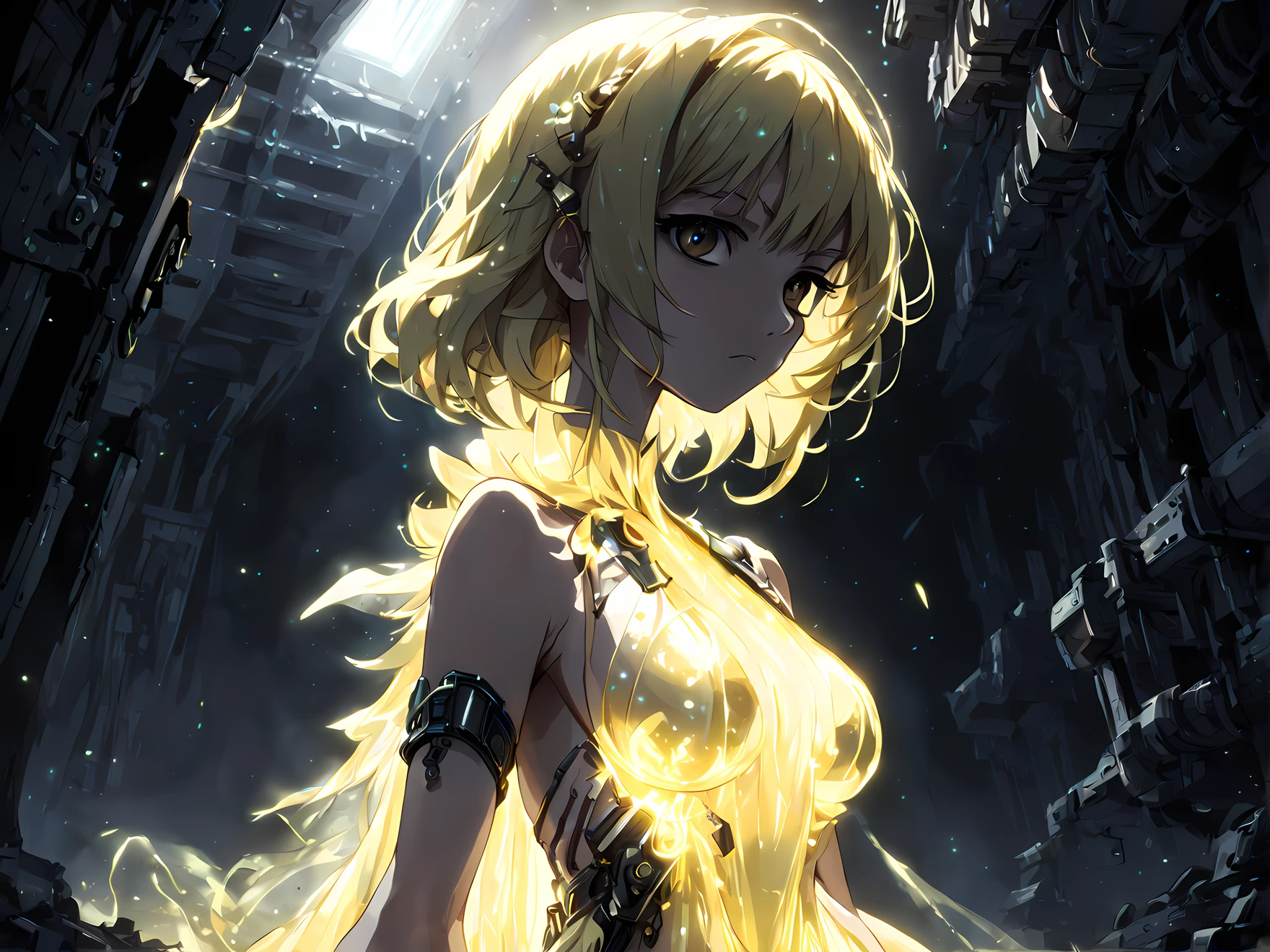 Dystopian style anime style beautiful woman wearing a Light Yellow (bioluminescent dress) The Underworld, Prone, Extreme Close-Up, from side, . Bleak, post-apocalyptic, somber, dramatic, highly detailed,(((((upper body image))))))