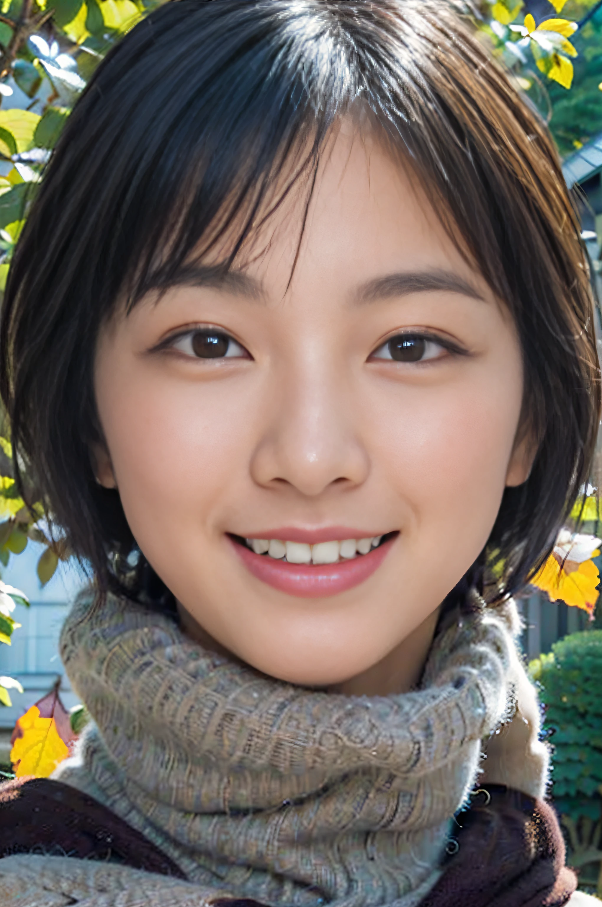 ((Show face only、Close-up of face、no-makeup、ears sticking out of the gaps in the hair,,,,,,,,))、(realisitic、Photorealsitic、ultra-detailliert、Highest Details Skins、top-quality、​masterpiece、超A high resolution)、Cute Japan Woman、、hi-school girl、younggirl、1 girl in、I have bangs、二重まぶた、drooing eyes、Large black eyes、Japanese style face、ssmile、Charming、purity、Cute smile、double tooth、View here、Realistic skin type、muffler、short-hair、((Hair is inside the scarf:1.3))、The wind is blowing、Lighting from behind、autumnal、Colored leaves