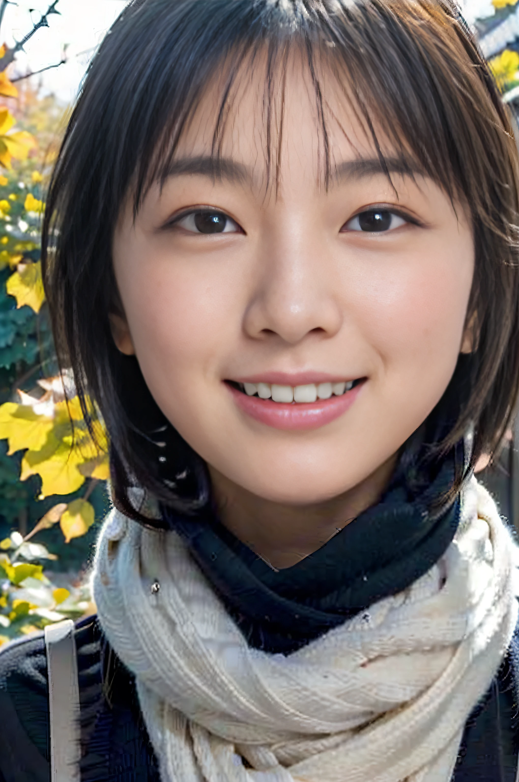 ((Show face only、Close-up of face、no-makeup、ears sticking out of the gaps in the hair,,,,,,,,))、(realisitic、Photorealsitic、ultra-detailliert、Highest Details Skins、top-quality、​masterpiece、超A high resolution)、Cute Japan Woman、******、hi-school girl、younggirl、1 girl in、I have bangs、二重まぶた、drooing eyes、Large black eyes、Japanese style face、ssmile、Charming、purity、Cute smile、double tooth、View here、Realistic skin type、muffler、short-hair、((Hair is inside the scarf:1.3))、The wind is blowing、Lighting from behind、autumnal、Colored leaves