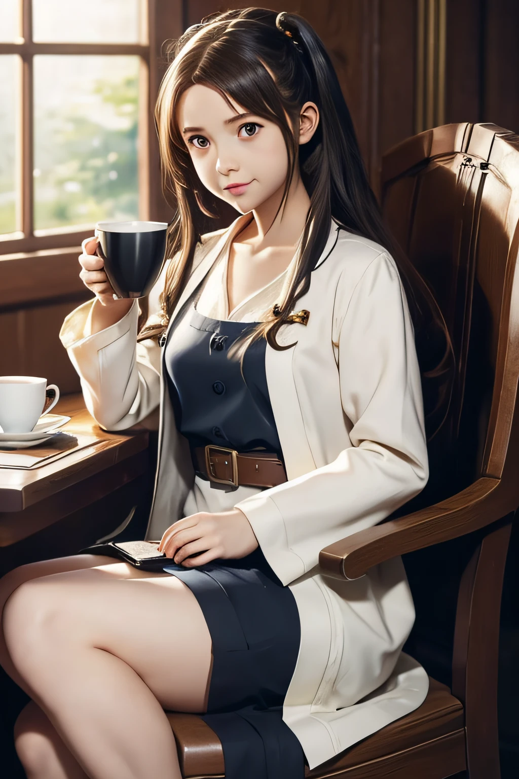 anime girl sitting on chair with coffee cup in hand, alchemist girl, light novel cover art, official art, epic light novel art cover, official artwork, epic light novel cover art, loli, isekai, small curve loli, kushat krenz, kushat kurenz key art feminine, Shadowverse style, moe dwarf,