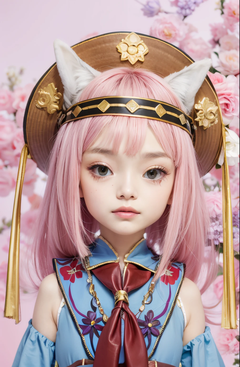 Mulher com cabelo rosa e olhos laranjas, olhos verdes, orelhas de gato branco, a brown leather hat, um vestido azul com detalhes de flores, A red scarf around his neck