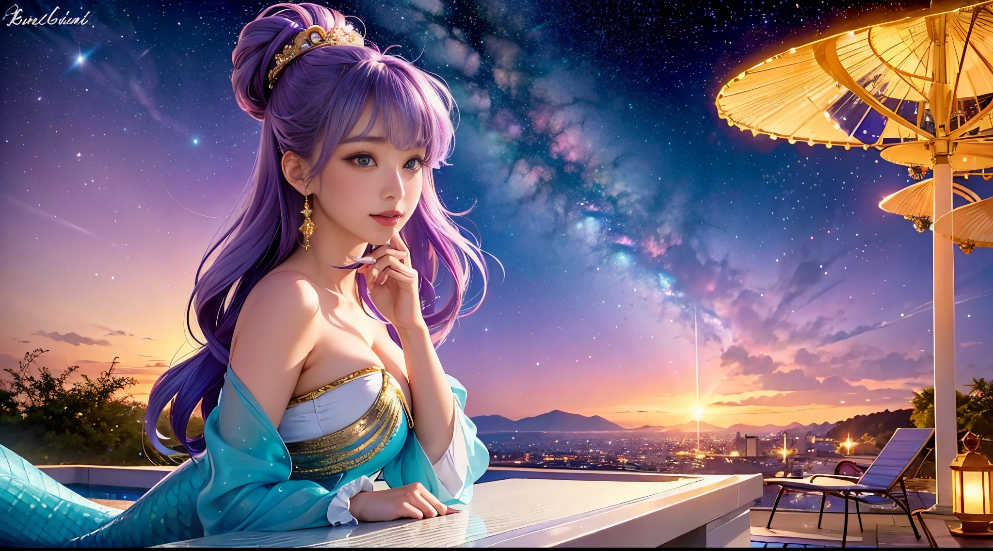 The anime Mermaid has a long purple tail on the stars,depicting the light in a realistic depiction style, rococo luxury, night core, light gold and light blue, flickr,
multilayer characters, exquisite costume details,((Busty))