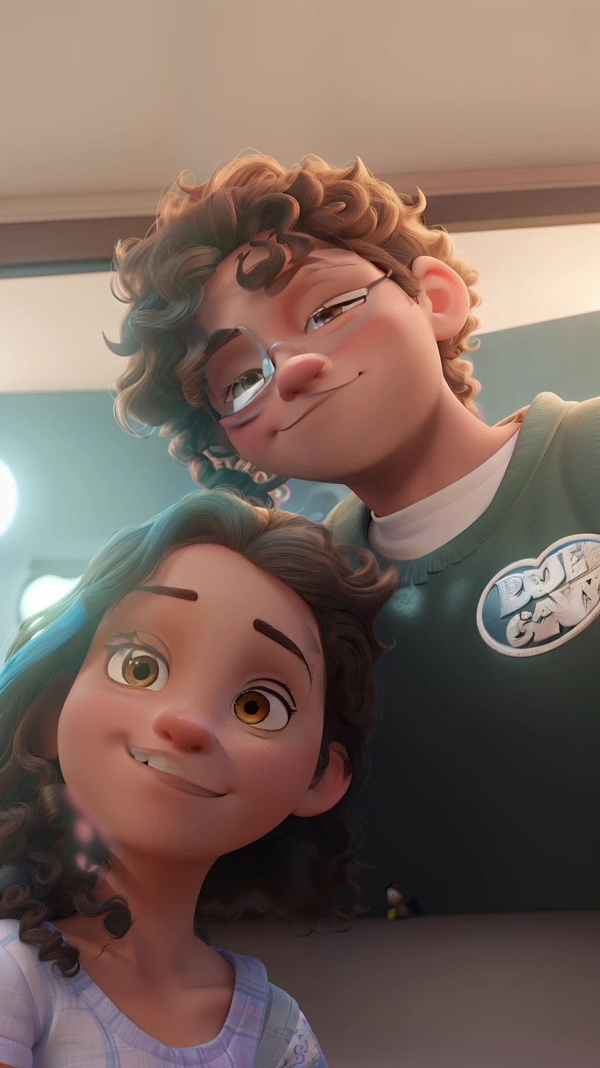 A Disney Pixar-inspired movie poster with title "A Dama e o Vagabundo". Teenagers in love, 17 year old girl, long 3B curly hair with blue tips, dark brown eyes, next to a slightly taller 17 year old boy A little taller than her, with dark brown eyes, medium short black 3C curly hair, black rectangular glasses, both are white. The scene should be in the distinct digital ar style of Pixar, with a focus on character expressions, vibrant colors, and detailed textures that are characteristic of their animations, with the title A Dama e o Vagabundo