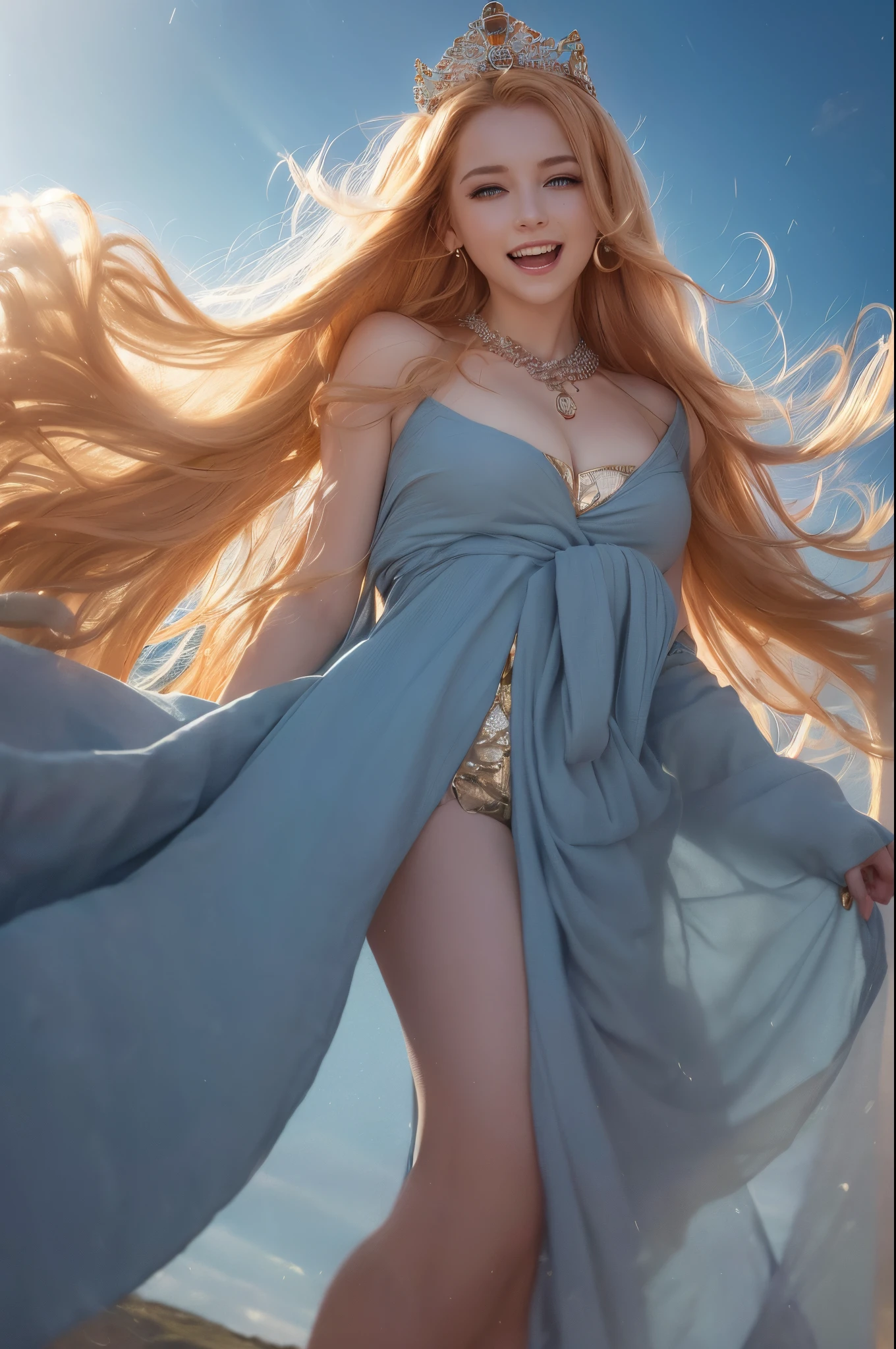 Young goddess, (Her clothes are all flipping up by extremely strong wind:1.4), (wearing robe, tiara, necklace, blonde hair, blue eyes), (background random great nature), (laughing, big smiling), ((dramatic lighting:1.3), surrealism, god rays), ((masterpiece, 8K highest resolution)), wide view