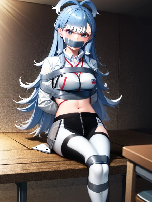 masterpiece, best quality, absurdres, perfect anatomy, 1girl, solo, KoboBase, see-through jacket, midriff, white jacket, tight pants, sleeves past wrists, open jacket,classroom,tape bondage, arm behindback, tape gag,sitting, bondage, tape blindfold