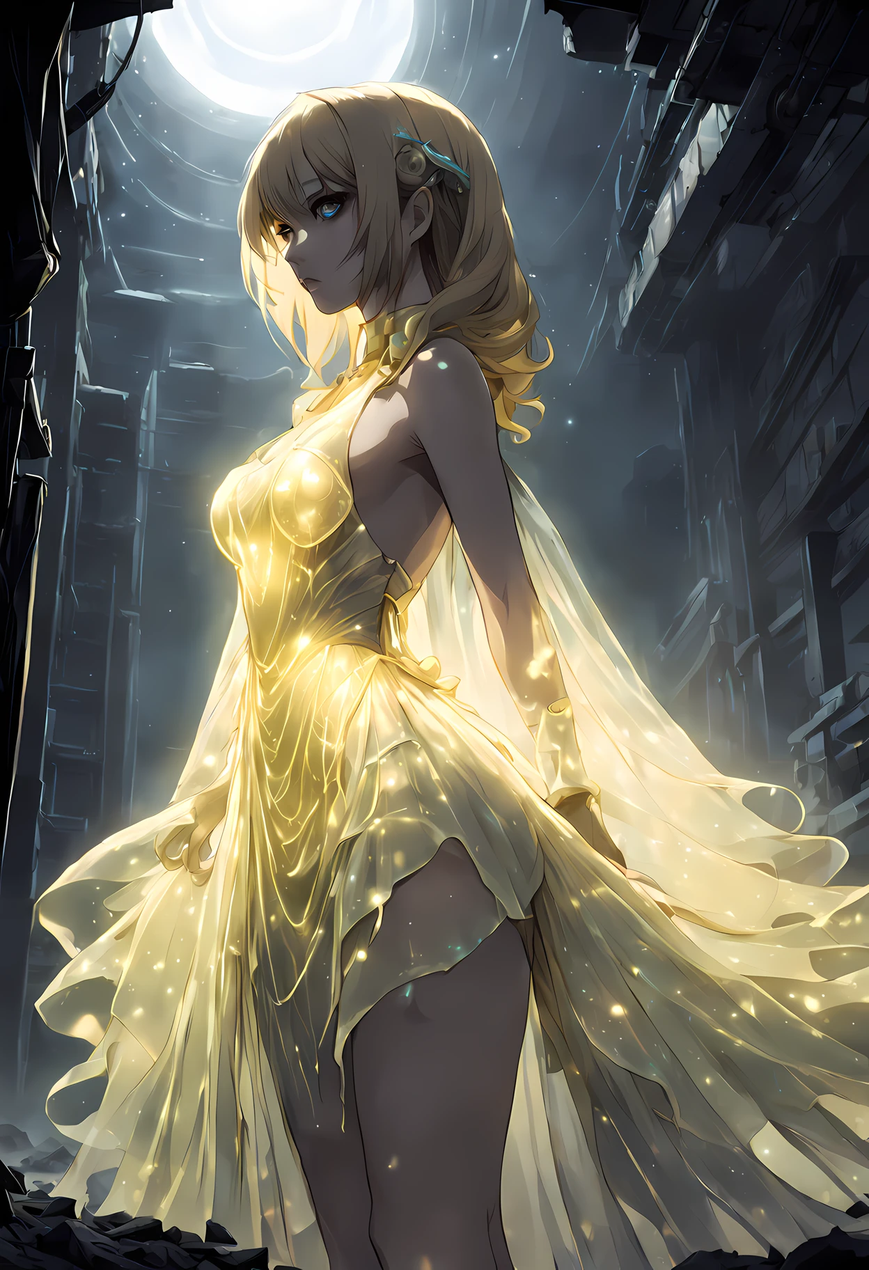 Dystopian style anime style beautiful woman wearing a Light Yellow (bioluminescent dress) The Underworld, Prone, Extreme Close-Up, from side, . Bleak, post-apocalyptic, somber, dramatic, highly detailed,