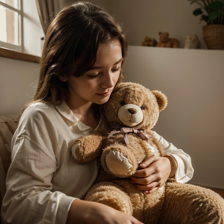 Best Quality, 4k, masterpiece face, a of European appearance plays with a teddy bear, happiness, Kemi, Comfort, Warm light, cinematic angle