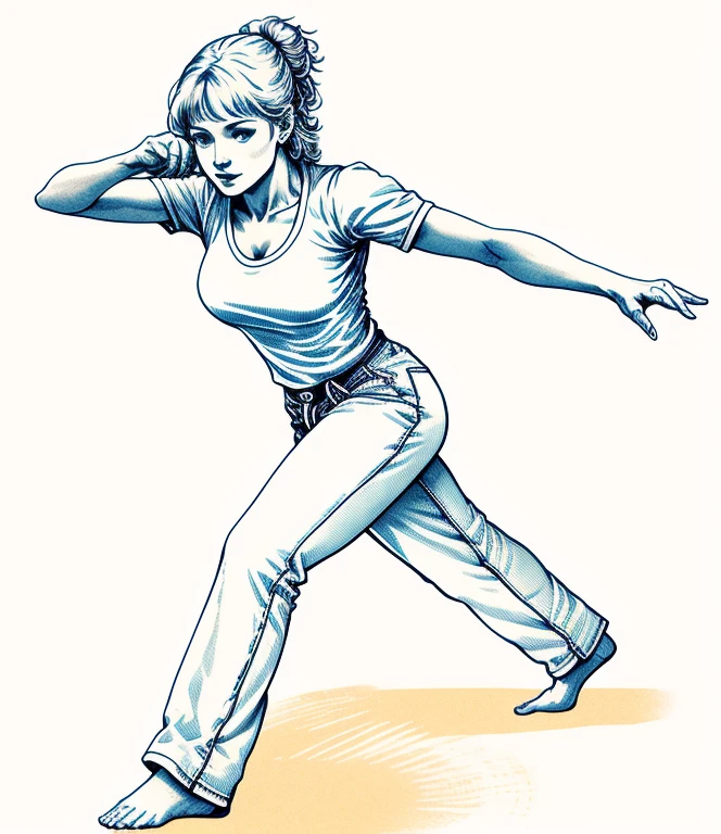desenho de uma mulher com blusa branca e jeans fazendo pose de ioga, capoeira, frantic dancing pose, dynamic extreme foreshortening, dynamic dancing pose, she is dancing. Realistic, postura de luta, Pose de arte marcial, dynamic moving pose, postura de luta, Pose de luta, dynamic perspective pose, full-colour illustration, em pose de luta, Karate Pose, Pose de luta