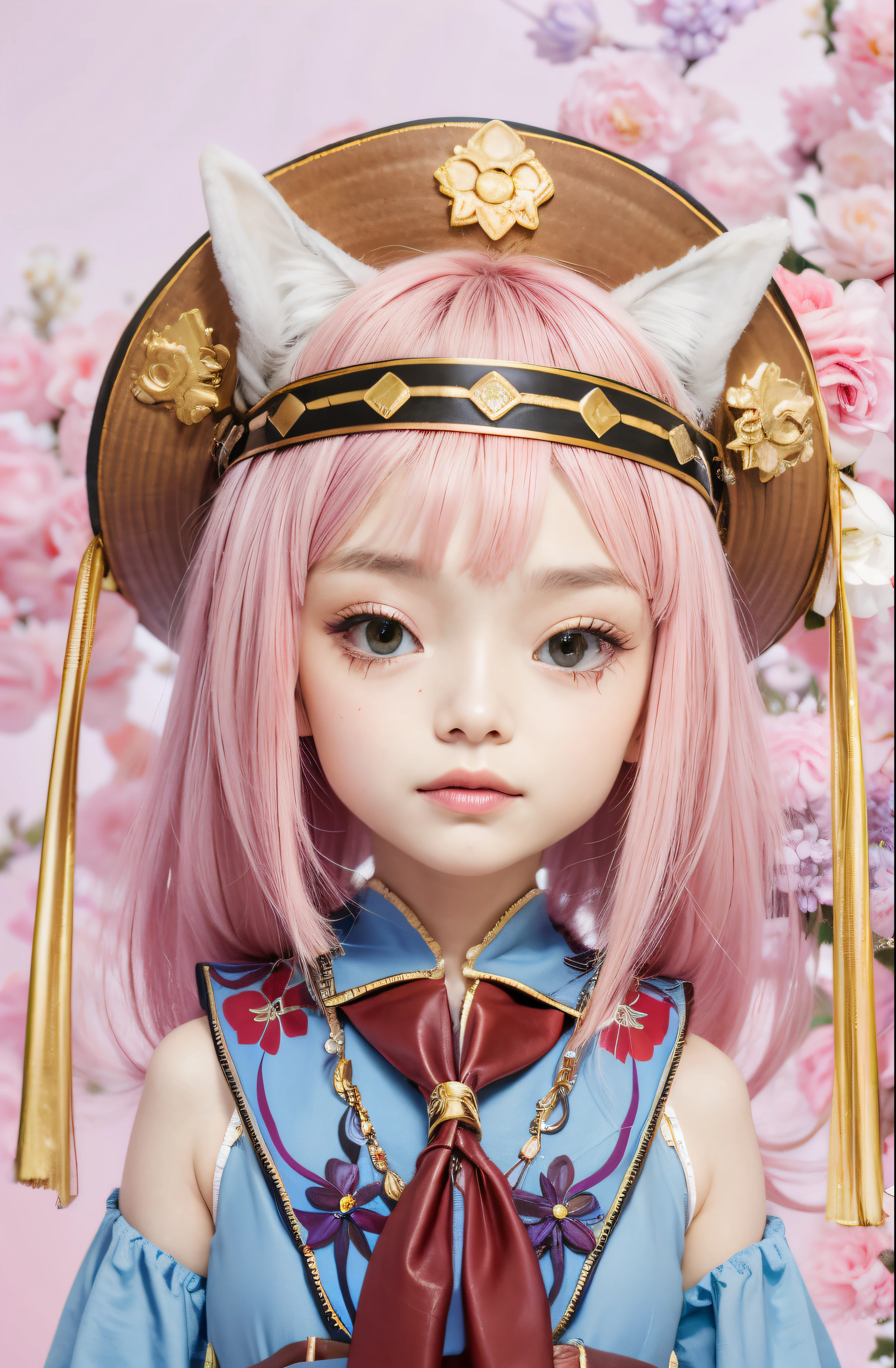 Mulher  com cabelo rosa e olhos laranjas, olhos verdes, orelhas de gato branco, a brown leather hat, um vestido azul com detalhes de flores, A red scarf around his neck