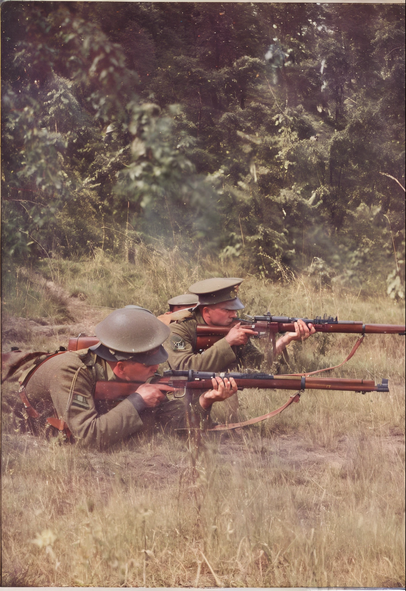soldiers in uniform are aiming with their rifles in a field, russian ww 1, german and soviet soldiers, ww1 film photo, carrying mosin on back, soviet military, ww1, ww 1, ww1 photo, taken on a ww 1 camera, soldiers charging in, 1968 soviet japanese, 1914, 1 9 1 4, war photo