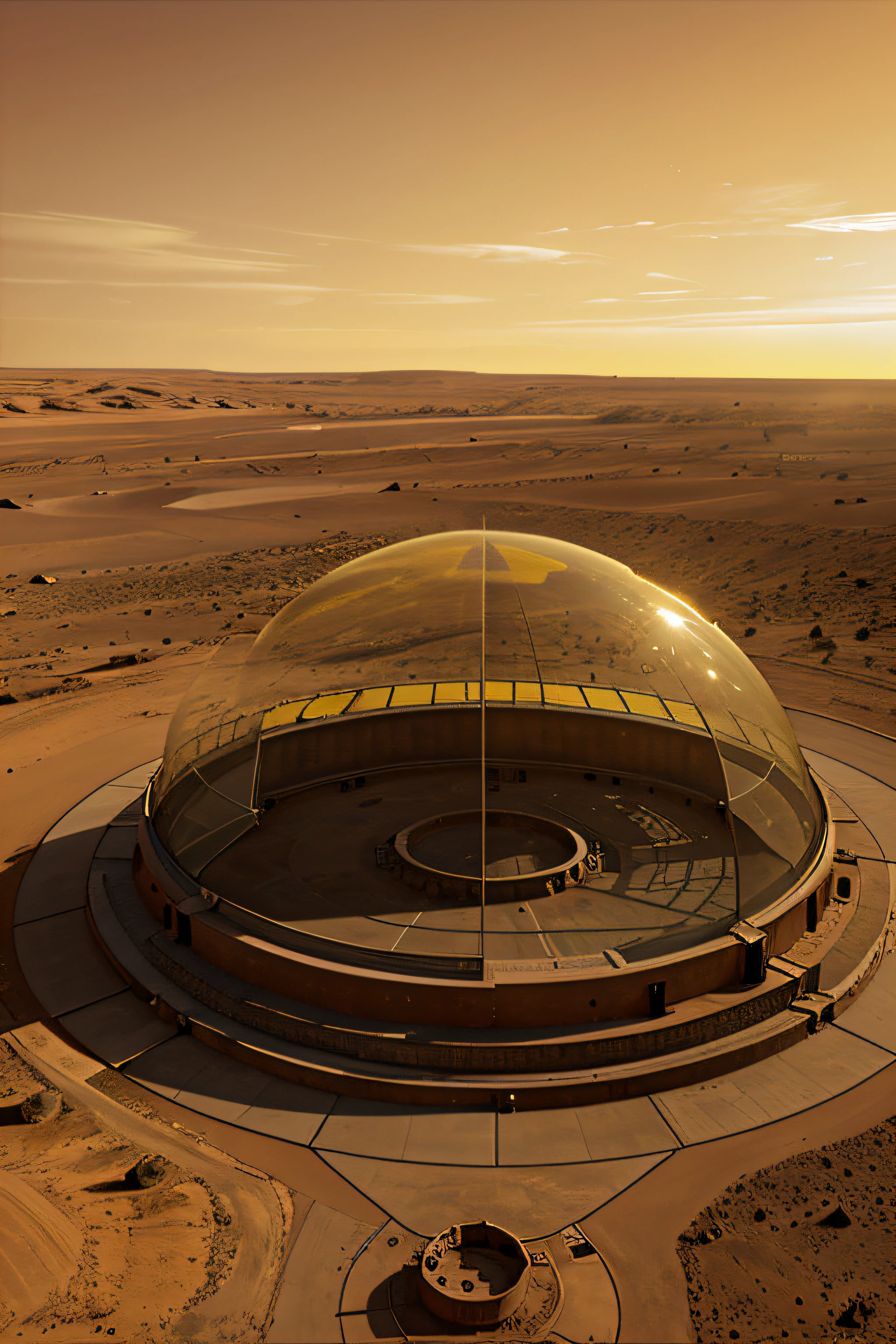 Building a circular reservoir on Mars, glass dome, technological machinery, yellow sky, water pipe machine construction