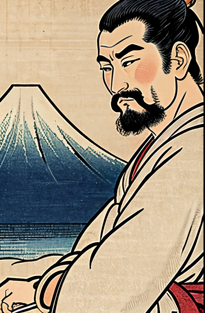 a ukiyo-e of man, in Hokusai Katsushika, looking at the camera, front view