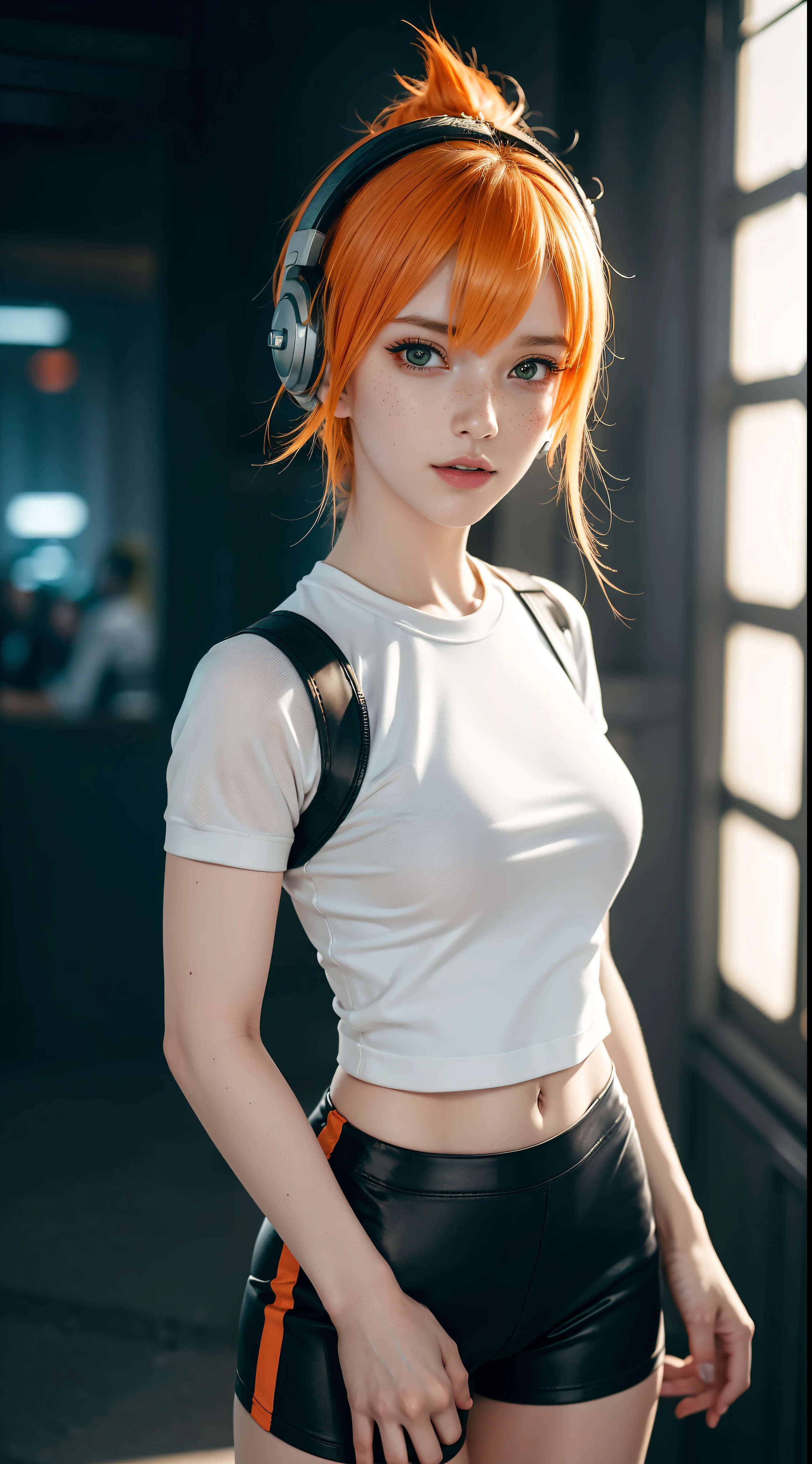 gwen tennyson,tracer,yorha 2b,y'shtola rhul,overwatch,nier automata,eva pilot, cyberpunk night club,tattoos,orange and silver plugsuit,white short sleeve pilot top,orange lycra micro shorts,garter belt,uncovered belly,short hair,cute makeup,green eyes,dimensional golden hair,sexy smile,freckles,beautiful girl,large breasts,8k,ultra detailed, realistic,fantasy art,dj uniform,ear piercings,punk outfit,saiyan girl, saiyan female,white short sleeve punk jacket,bunny headphones,dj mixer,wall paint splatter,dancing,bunny suit,multicolored lights,show stage,