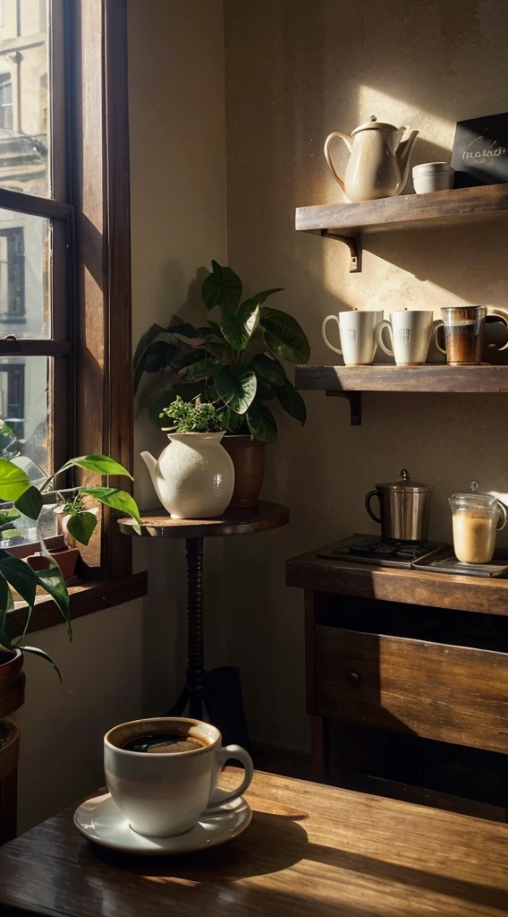 (Best quality at best,4K,A high resolution,tmasterpiece:1.2),ultra - detailed,actual,Cinematic,moodiness,Atmospheric,cozily,gentlesoftlighting,A corner of the cafe,Philodendron,Calm,unwind,serene,Quiet,Reflectors,glass window,wood furnishings,Premium,Vintage,Tiled floor,faded paint,barista brew,Espresso machine,A steaming coffee mug,counter,menu board,cozy arm chairs,bookshelves,art wall decoration,eye-catching light and shadow,peacefulatmosphere,green plant,whisper,aromatic coffee aroma,warm color palette,Mottled sunlight,soft music,Deep voice,houseplant,a soothing atmosphere,Inviting,Escape the hustle and bustle of the city,A hidden gem(beauty that is not easy to notice,Old world charm,Vibrant coffee culture,Every cup tells a story