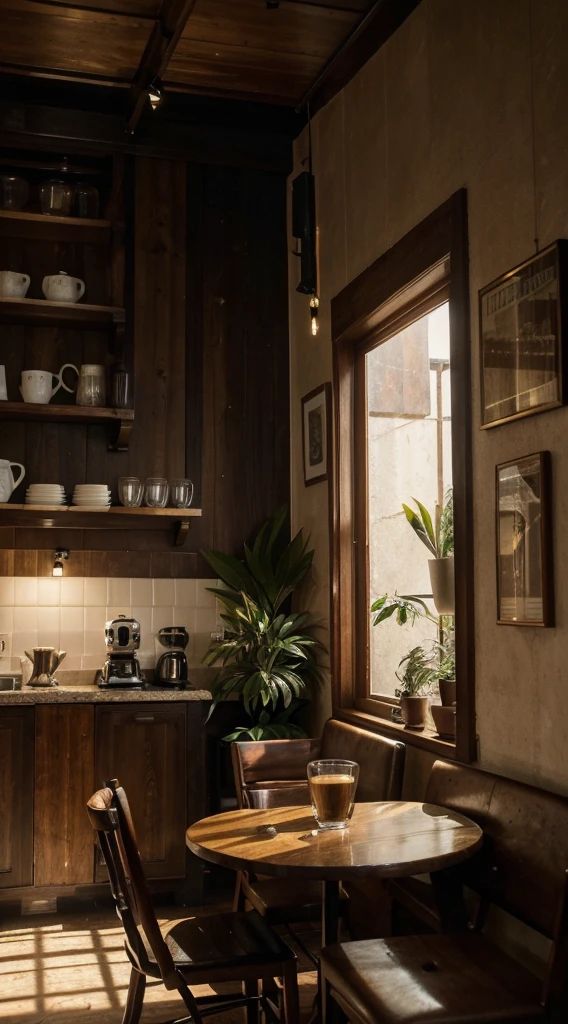 (Best quality at best,4K,A high resolution,tmasterpiece:1.2),ultra - detailed,actual,Cinematic,moodiness,Atmospheric,cozily,gentlesoftlighting,A corner of the cafe,Philodendron,Calm,unwind,serene,Quiet,Reflectors,glass window,wood furnishings,Premium,Vintage,Tiled floor,faded paint,barista brew,Espresso machine,A steaming coffee mug,counter,menu board,cozy arm chairs,bookshelves,art wall decoration,eye-catching light and shadow,peacefulatmosphere,green plant,whisper,aromatic coffee aroma,warm color palette,Mottled sunlight,soft music,Deep voice,houseplant,a soothing atmosphere,Inviting,Escape the hustle and bustle of the city,A hidden gem（beauty that is not easy to notice,Old world charm,Vibrant coffee culture,Every cup tells a story